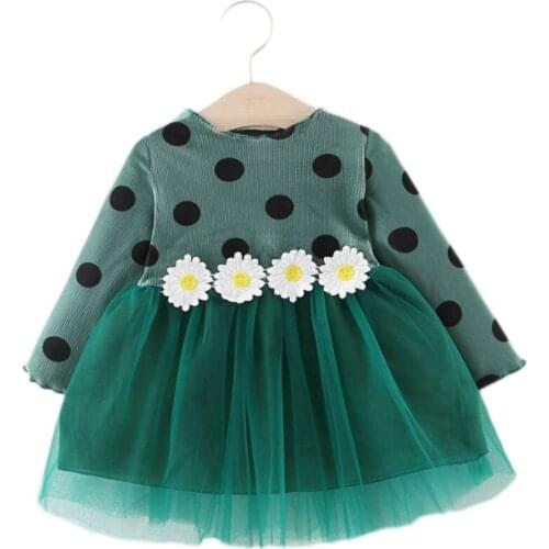 Spring Baby Girl Long Sleeve Polka Dot Princess Dress Daisy Flower Pure Cotton Dress Girl Flower Net Gauze Dress Baby Clothing