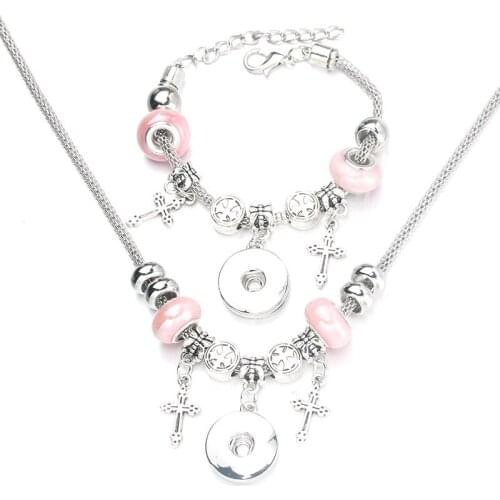 Snap Cross Necklace Bracelet Set Bead Pendant Hollow Chain Beaded Bracelet For 18mm Snap Fashion Party Jewelry