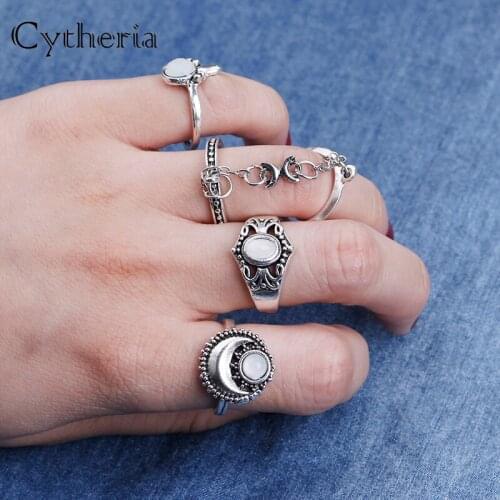 Bohe Crystal ring set vintage Knuckle rings for women Geometric Tibetan wide Triangle Ring Set Midi Finger Jewelry Bohemian