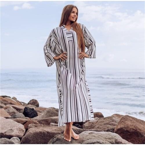 2020 New Striped Loose Bikini Cover Up Long Deach Dress Kaftan Pareo Sarongs Sexy Cover-Up Boho Swimwear Tunic Robe De Plage
