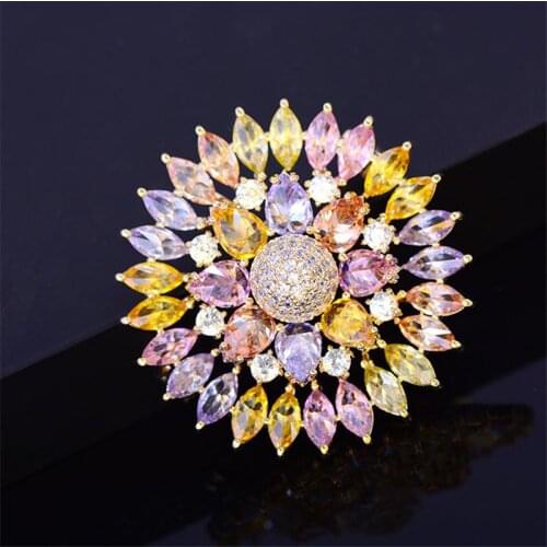 OKILY Luxurious Colorful Zircon Rhinestone Sunflower Brooch Pin for Women Charm Wedding Jewelry Party Sparkling Flower Brooches