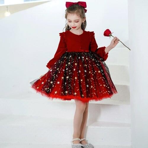 Flower Girl Dresses Simple O-Neck Three Quarter Princess Knee-Length Jersey Sequined Luxury Red Cute Button Kids Party Gown H168