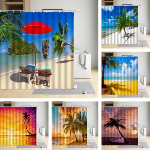 Beach Coconut Tree Shower Curtain Umbrella Lounge Chair Shell Suns Dusks Bathroom Decoration Floral Print Sets With Hooks