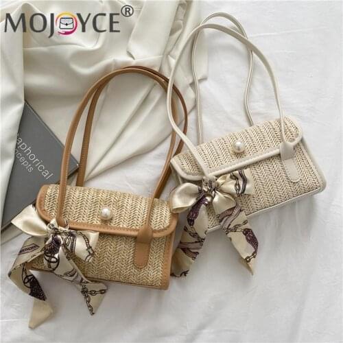 Beach Shoulder Bow Bags Handbag Retro Women Silk Scarf Straw Woven Pearl Top-Handle Small Shoulder Underarm Bags