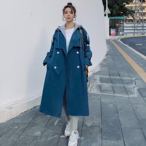 Brand New Vogue Blue Color Women Trench Coat Double-Breasted with Removable Hood Spring Autumn Outerwear Lady Duster Coat