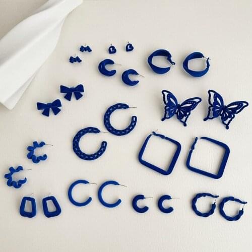 VSnow Korean Blue Colour Butterfly Hollow Bowknot Circle Square Dangle Earrings for Women C Shape Metal Earrings Jewellery