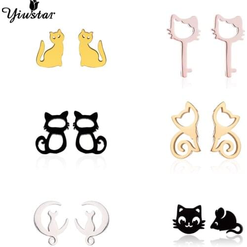 Yiustar Mini Cute Cartoon Animal Cat Stud Earrings for Women Girls Lovely Stainless Steel Piercing Ear Earring Gold kolczyki