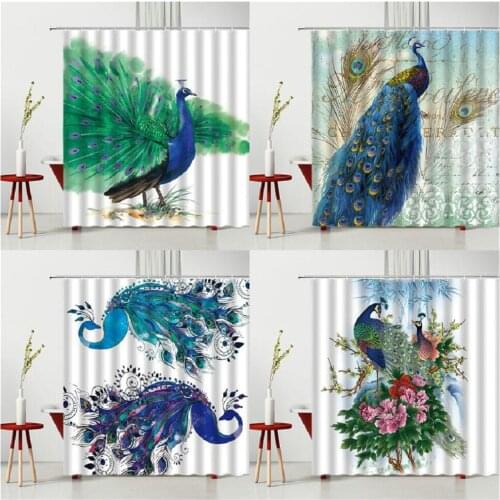 Animal Shower Curtains Blue Peacocks Beautiful Bird Pattern Polyester Fabric Bathroom Partition Bathroom Curtain Set With Hooks