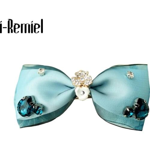 I-Remiel Blue Handmade Bow Tie Hairpin Chips for Women Ring Headpiece Rhinestone Hairpiece Spring Clip Headband Hair Accessories