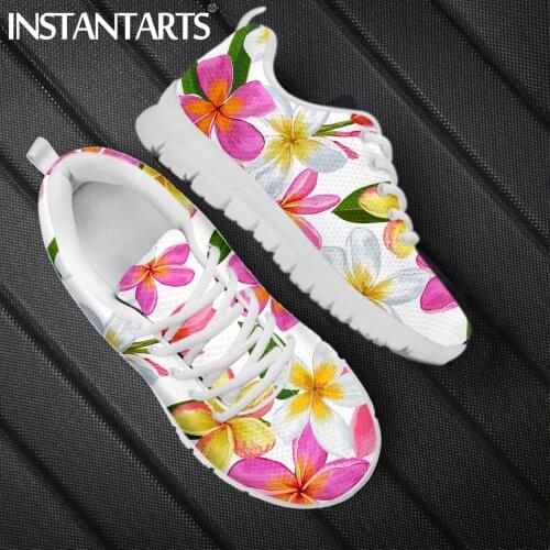 INSTANTARTS Pretty Tropical Plumeria Printed Women Flat Shoes Sport Sneakers Shoes Breathable Lace up Mesh Sneakers Zapatillas