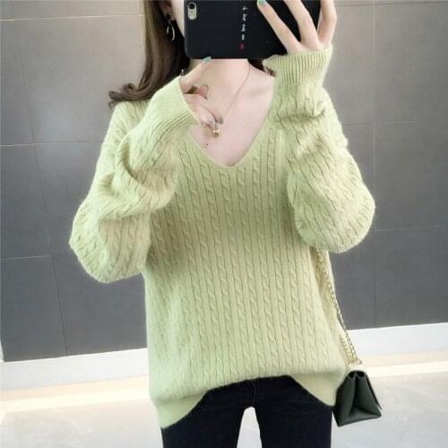 Autumn New Korean Fashion Loose V Collar Long Sleeve Knitted Sweater Women Jumper Ladies 5 Color Short Knit Pullover Tops Female