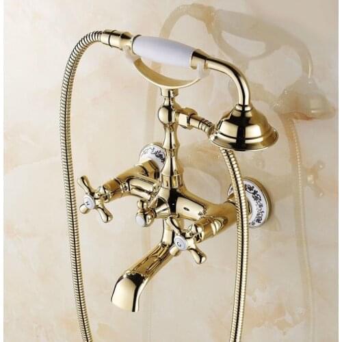 Gold Polished Brass Two Levers Wall Mounted Clawfoot Bath Tub Faucet Mixer Tap Telephone Style Hand Held Shower Head Set atf140