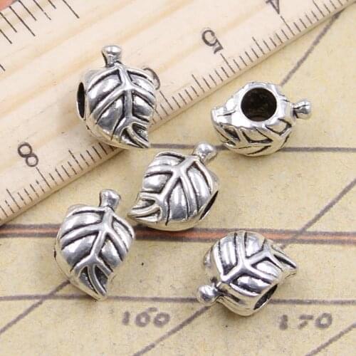10pcs Beads Tree Leaf 4.5mm Big Hole Vintage Charms European Pendant Fit For Bracelet DIY Antique Silver Color Fit Making