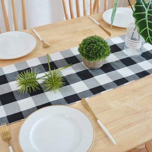 14 X 108 Inch Buffalo Check Table Runner Cotton-Polyester Blend Handmade Black and White Plaid for Family Dinner, Outdoor or Ind