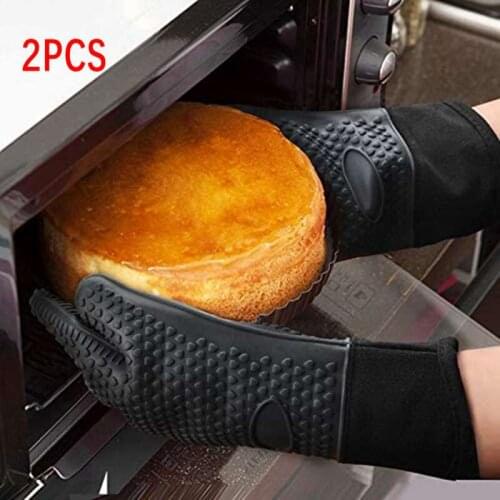 2Pieces Kitchen Heat-Resistant Oven Gloves Barbecue Grill Silicone Cooking Gloves One Pair BBQ Gloves With Long Sleeve Baking