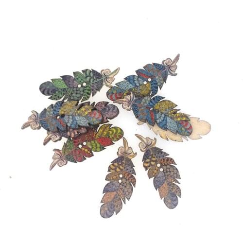 30PCs 40*15mm Wooden Sewing Buttons Scrapbooking Indian feather 2 Holes buttons for clothing decorative flat back W2063