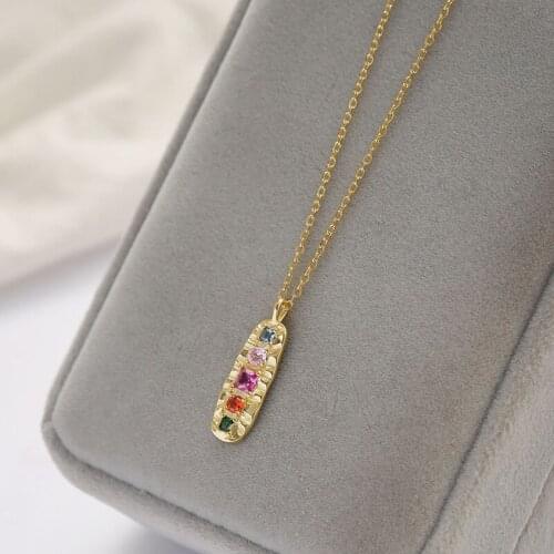 703FORTUNE S925 Silver Pendant Necklace Geometric Color Zircon Retro Elegant Temperament Cable Chain Necklace for Women