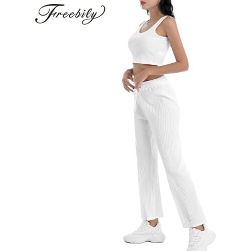 White Women Casual Sport Suits Gym Yoga Outfits Fitness Workout Tracksuits Sleeveless Sports Vest Top Loose Pants Set Sportswear