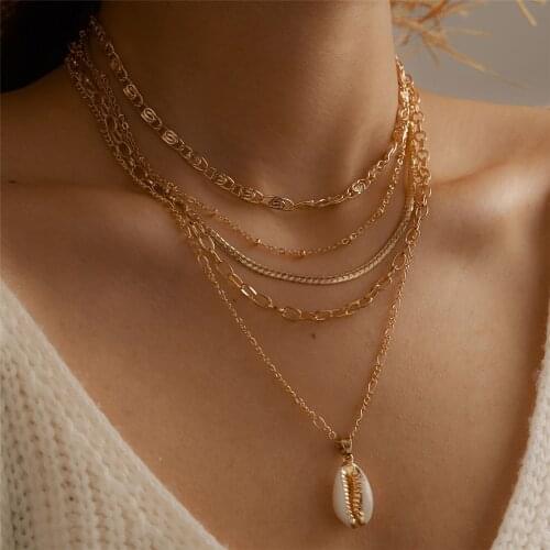 Fashion Boho New Vintage Multilevel Choker Chains Necklace For Women Gold Pin Shaped Bead Chain White Shell Pendant Jewelry Gift