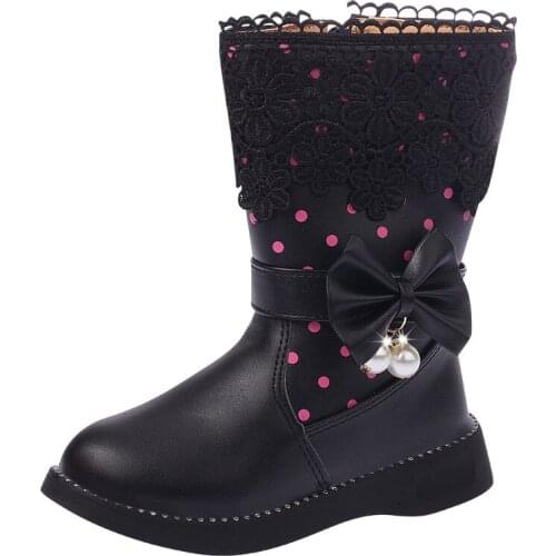 Children Boots For Girls Shoes Winter Leather Princess Fashion Shoes Boots Kids Plush Cashmere High Boots With Bow Warming