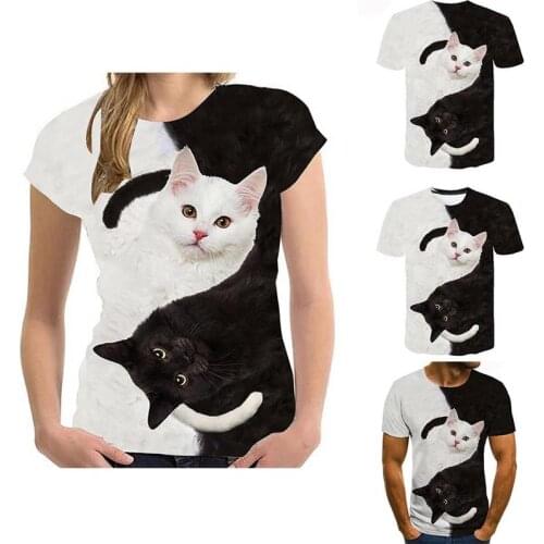 Summer 3D Couple Black And White Cute Cat Top Loose Printed Short Sleeves Unisex Vintage O-Neck T-Shirt Round O Neck Cotton