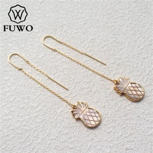 FUWO Tiny Shell Pineapple Threader Earrings With 24K Gold Filled Fashion Mother of Pearl Jewelry For Women ER511