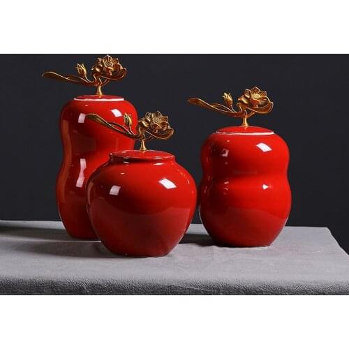 Chinese Style Ceramics Vase Red Cover Storage Jars Crafts Decoration Creativity Living Room Flower Arrangement Accessories