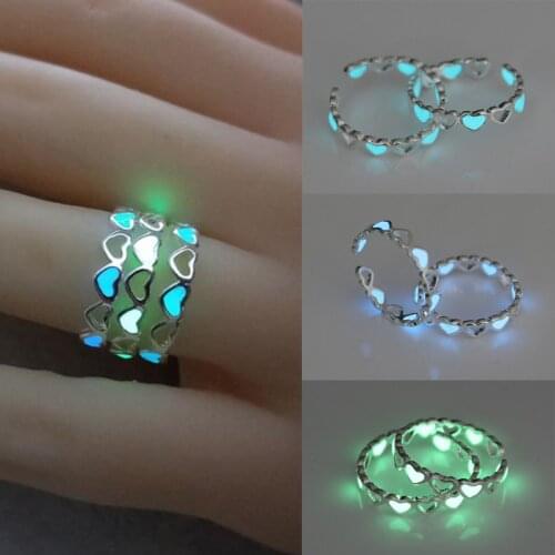 Adjustable Hollow Heart Luminous Ring Glow In Dark Silver Color Rings for Women Friends Gift Vintage Fashion Jewelry Ring