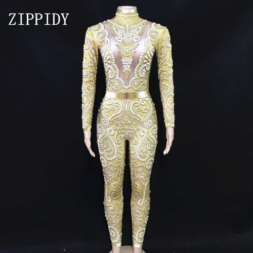 Fashion Rhinestones Pearls Jumpsuit long Sleeves Big Stretch Sexy Bodysuit Stage Performance Party Celebrate Nightlcub outfit