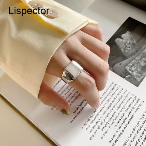 Lispector 925 Sterling Silver French Simple Glossy Square Ring for Women Men Minimalist Thick Wide Rings Office Commute Jewelry