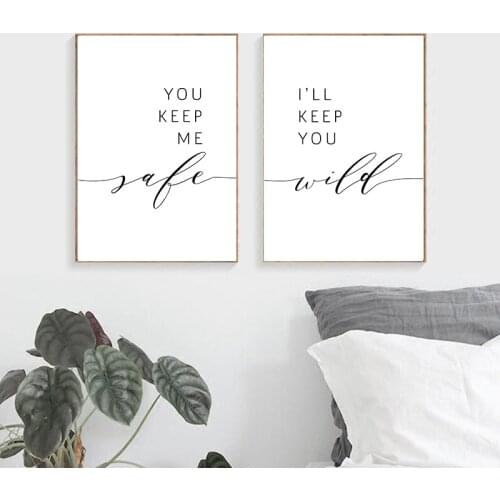 Love Couple Quotes Wall Art Picture Black White Poster Wall Art Print Minimalist Canvas Painting Keep Me Safe I'll Keep You Wild