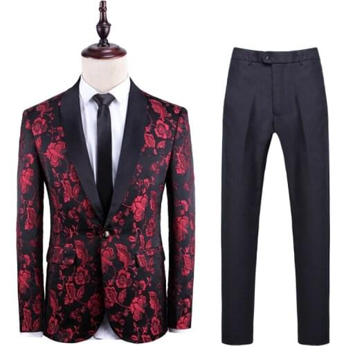 2020 High quality Men suit Red Black Blue printed Groom best man suit Wedding male MC Host Clothing suit 2 pieces set