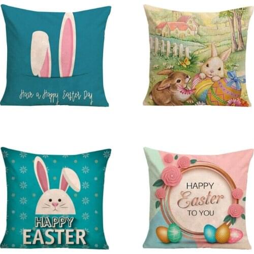 Easter Rabbit Bunny Pillow Cover 18x18 Inch Easter Decoration Linen Cushion Case Spring Decor