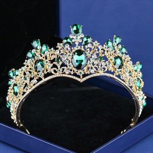 Baroque Golden Crown & Tiara Bride Headbands Green Rhinestone Crystal Crown Hair Jewelry Pageant Prom Women Head Accessories
