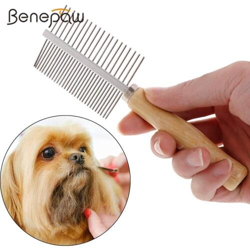 Benepaw Professional Stainless Steel Dog Comb Durable Double-Sided Comfortable Wooden Handle Pet Grooming Hair Brush