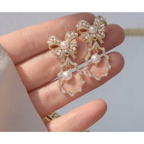 Retro Micro-inlaid Earring for Women AAA Zirconia Rhinestone Pearl Temperament Court Style Lolita Bow Pendant Female Party Gift