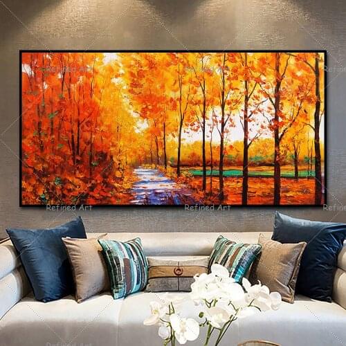 Hand-Painted Landscape Canvas Oil Painting Autumnal Maple Forest Picture Living Room Wall Living Room Home Art Decoration