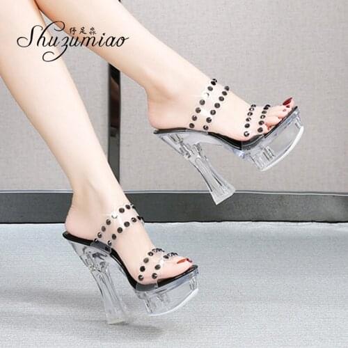 Summer Sandals Woman 15cm Sexy Show Womens Shoes 2020 Platform Slippers Transparent High Heels Square Heel Pole Dance Shoes