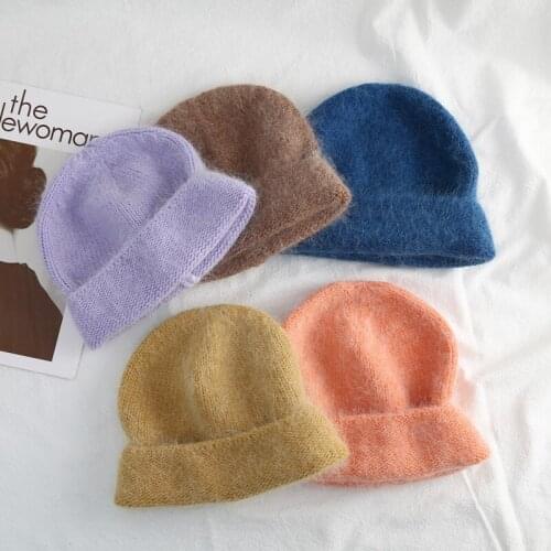 Angora Rabbit Fur Wool Winter Hat For Women Fashion Beanies Hat Outdoor Travel Ski Cold Warm Skullies Knitted Hat Wholesale
