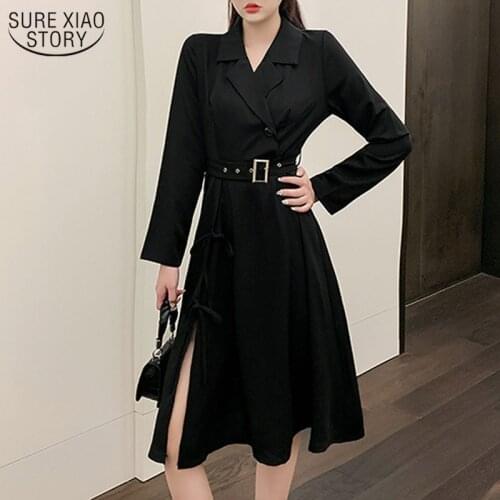 Spring Sexy Female Dress New Irregular Office Dresses for Women Long Sleeve Dress Women Notched Sashes Split Vestidos 12559