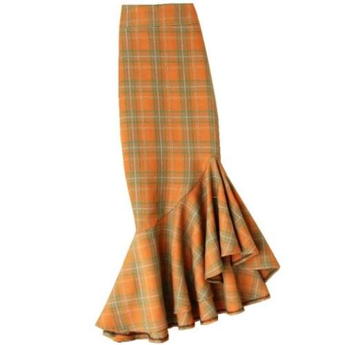 Vintage plaid mermaid skirt women high waist spring autumn package hip knee-length trumpet skirt plus size