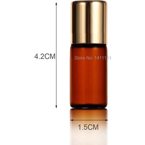 Factory price 2500pcs 3ml Refillable Amber Brown Roll On Glass Essential Oils Fragrances Bottle + Metal Roller Ball Gold Alu cap