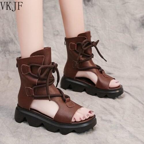New Design Fashion Women Sandals Summer Shoes 2021 Open Toe Genuine PU Leather Back Zipper Wedges Platform Casual Sandals