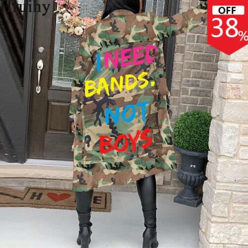 Long Womens Coat Camouflage Letter Print Plus Size Turndown Collar Women Trench Coat Streetwear Africa Style Casual Ladies Coat