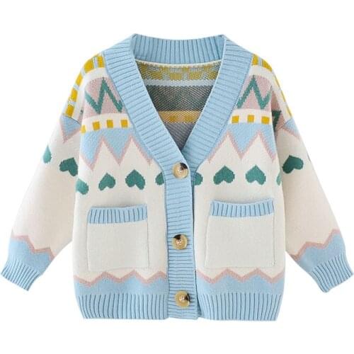 Girls winter cardigan knitted sweater jacket girls stitching printing cute thick knitted jacket girls warm sweater jacket