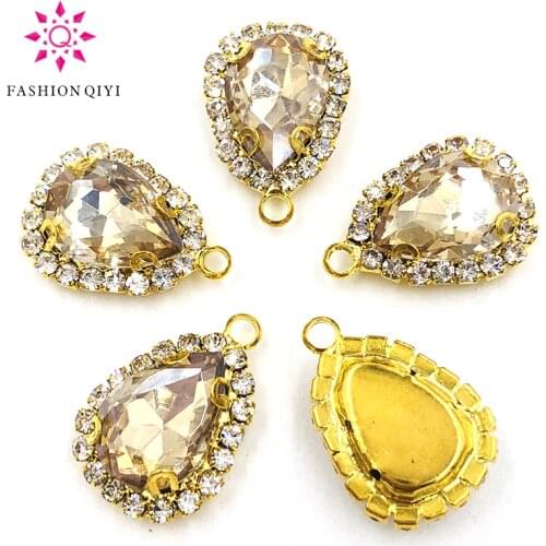 10pcs/pack 10X14mm Gold bottom Champagne teardrop Single hole Crystal button high quality sew on rhinestones diyClothing/Garment