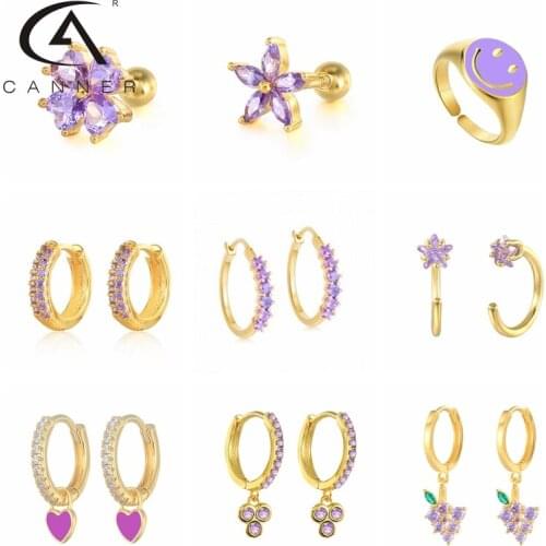 CANNER 925 Sterling Silver Elegant Purple Cubic Zirconia Series Stud Earrings Crystal Flower Ear Jewelry For Women Girls Gift