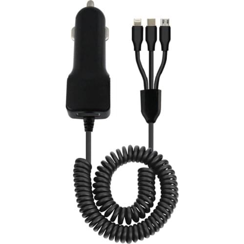 12-24V Fast Car Charger with 3-In-1 Splitter USB Charging Cable LED indicator charger For Micro-USB Android Phones iPhone Type-C