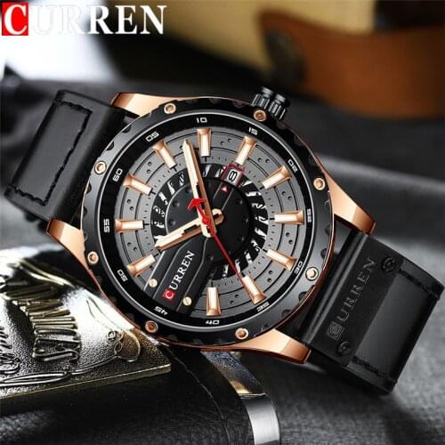 CURREN New Sport Men Watch Top Brand Luxury Black Military Waterproof Male Clock Genuine Leather Quartz Date Man Wristwatch 8374