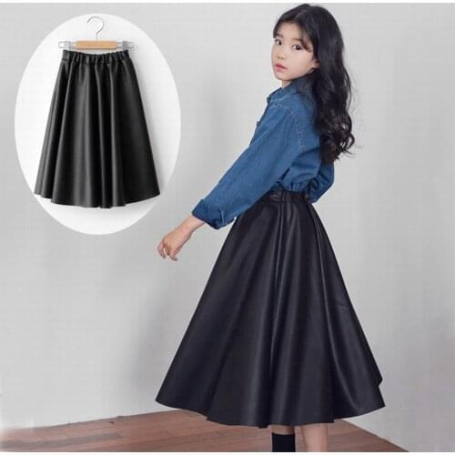 Teen Girls PU Full Skirts Autumn Winter Elegant Fashion Black Long Skirts 10 12 13 14 15 years Mother Daugther Matching Clothes